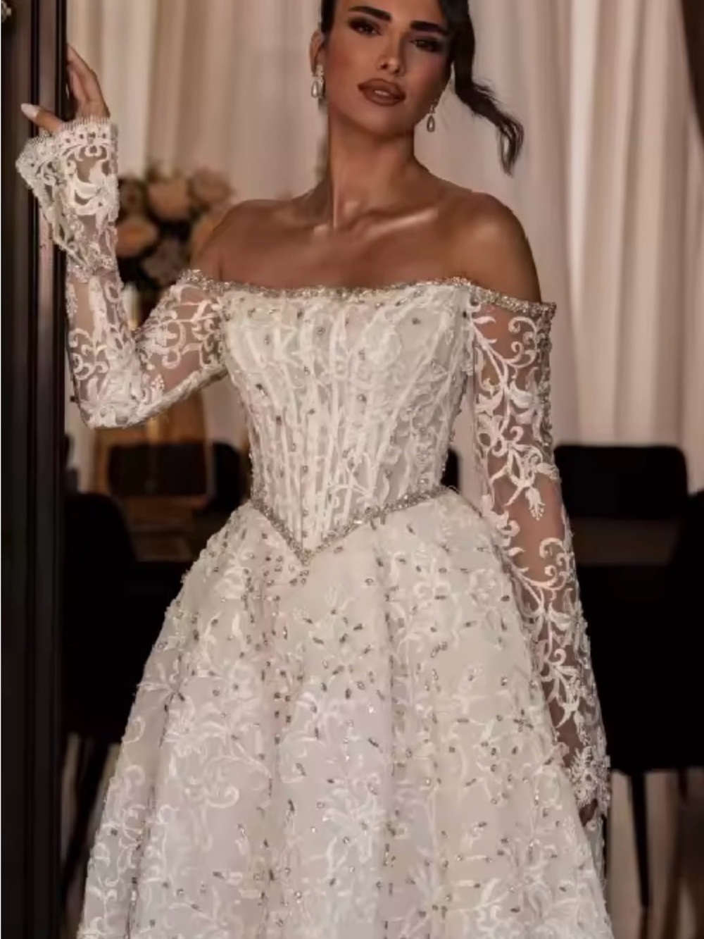 Off-Shoulder champagne Lace Ball Gown Dress with Beaded Detail
